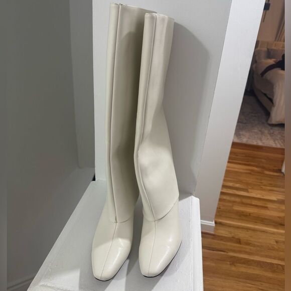 Cream Foldover Leather Heeled stiletto boots - Picture 10 of 10
